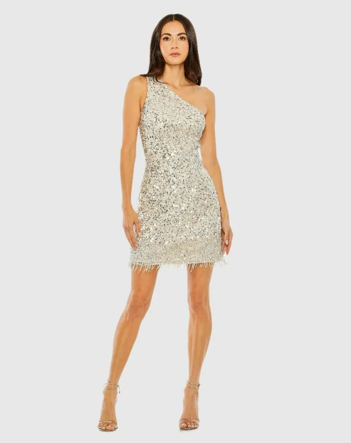 Cocktail Dresses Mac Duggal Women One Shoulder Embellished Fringe Detail Dress Silver Nude Cocktail Dresses Mac Duggal Women One Shoulder Embellished Fringe Detail Dress Silver Nude