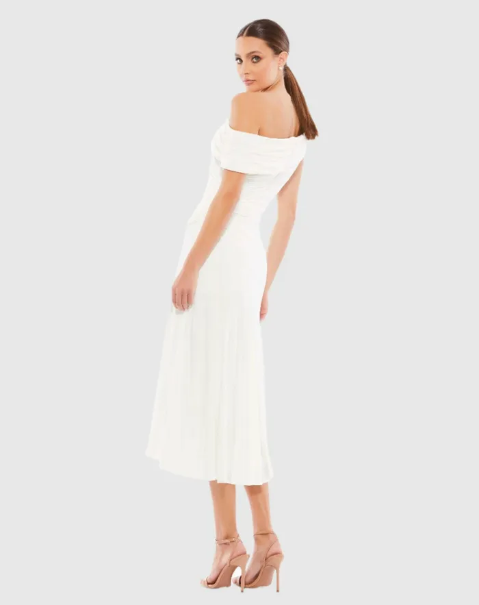Cocktail Dresses Ruched OffTheShoulder Midi Dress Red Mac Duggal Women