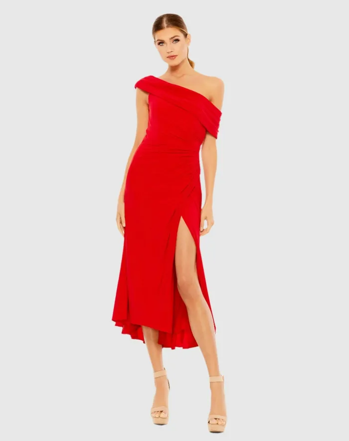 Cocktail Dresses Ruched OffTheShoulder Midi Dress Red Mac Duggal Women