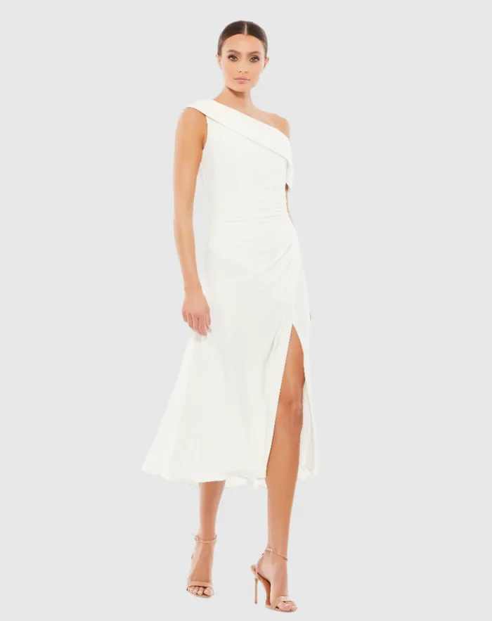 Cocktail Dresses Ruched OffTheShoulder Midi Dress Red Mac Duggal Women