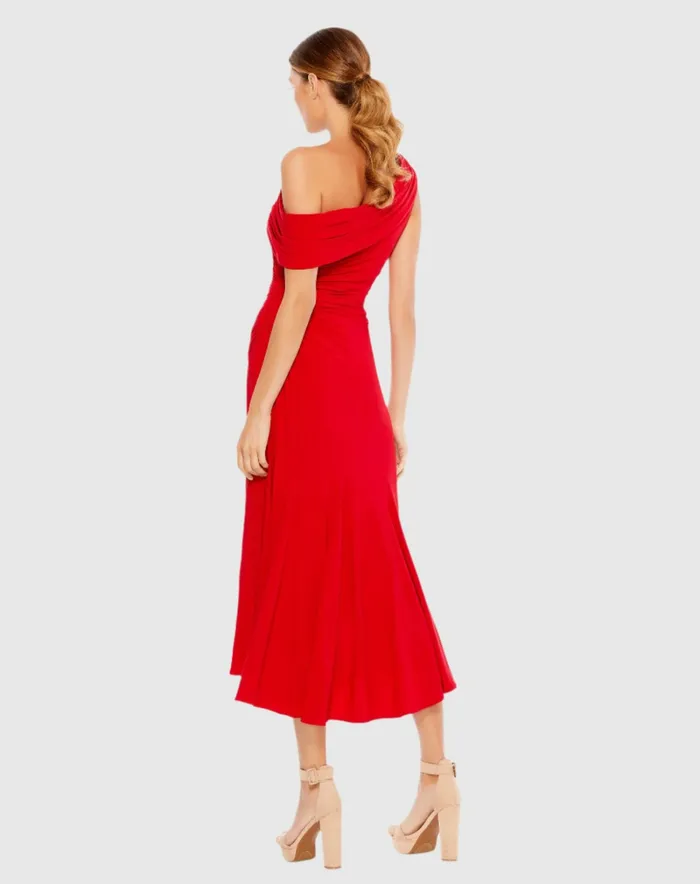 Cocktail Dresses Ruched OffTheShoulder Midi Dress Red Mac Duggal Women