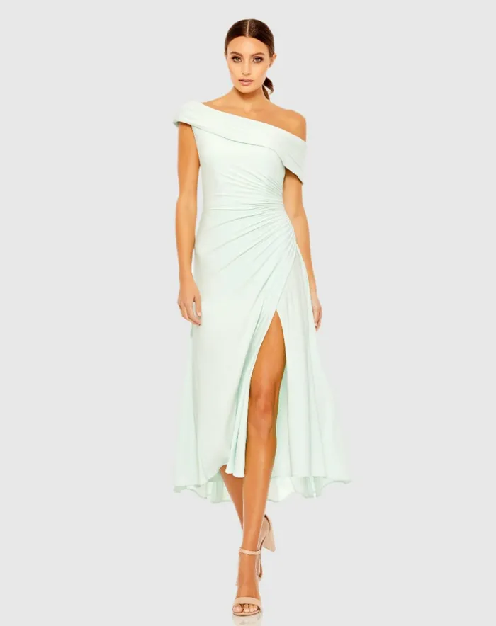Cocktail Dresses Ruched OffTheShoulder Midi Dress Red Mac Duggal Women