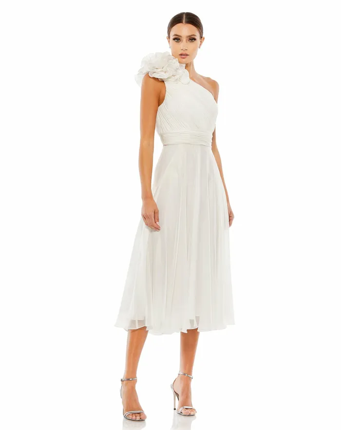 Cocktail Dresses Women Rosette One Shoulder Tea Length Dress White Mac Duggal