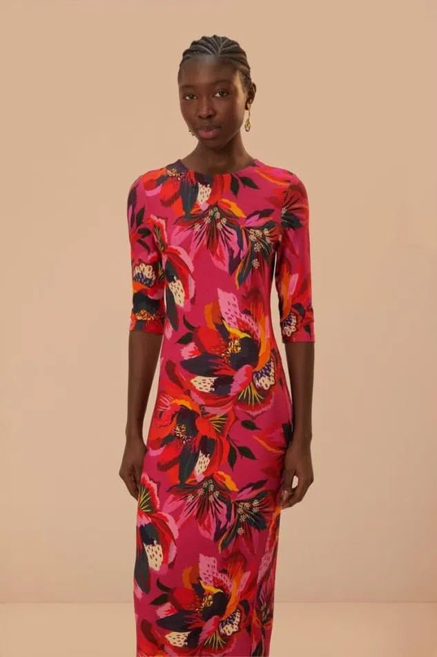Colorful Flowers Jersey Midi Dress Women FARM Rio Midi Dresses