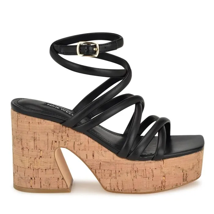 Corke Platform Wedge Strappy Sandals Black Women Nine West Sandals