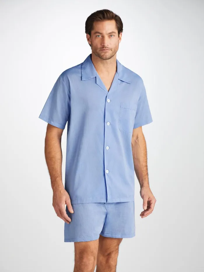 Cotton Pajamas Men Derek Rose Short Pajamas Amalfi Cotton Batiste Blue