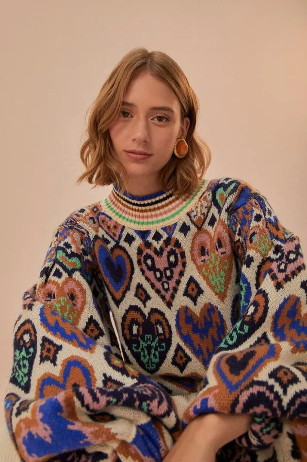 Cream Hearts Ikat Knit Sweater Women FARM Rio Sweaters and Sweatshirts