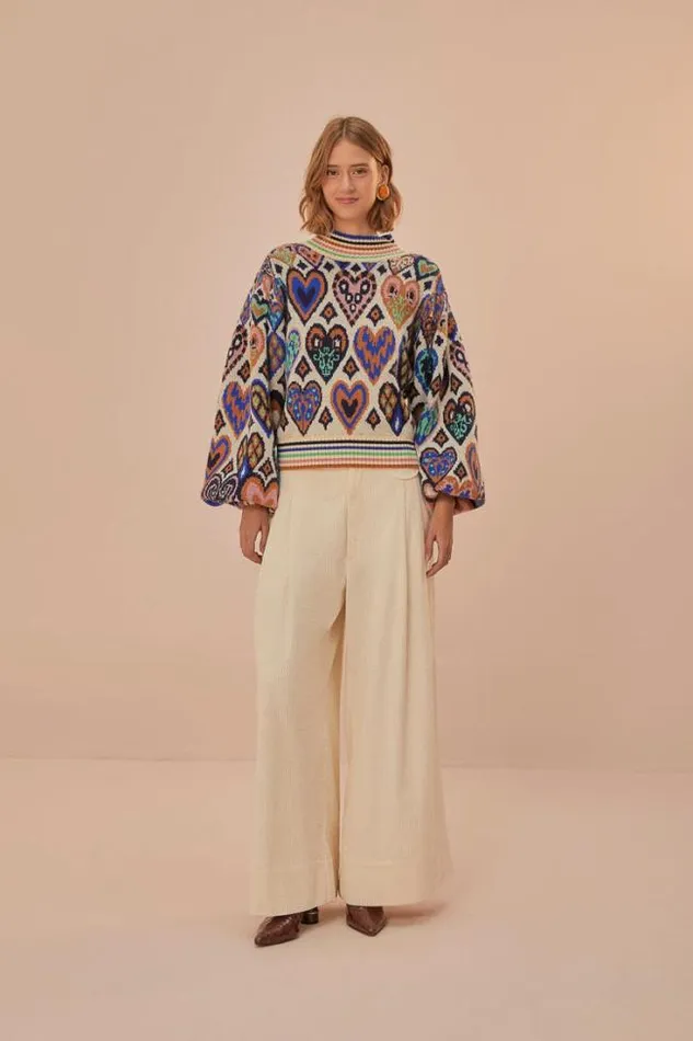 Cream Hearts Ikat Knit Sweater Women FARM Rio Sweaters and Sweatshirts