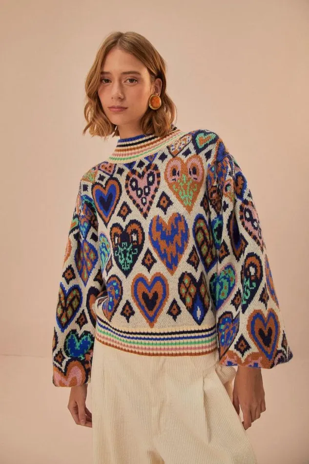 Cream Hearts Ikat Knit Sweater Women FARM Rio Sweaters and Sweatshirts
