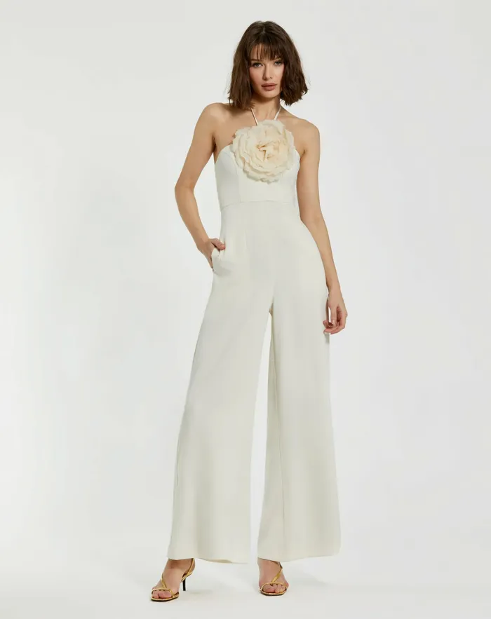 Crepe Halter Neck Jumpsuit With Flower Ivory Women Daytime Dresses Mac Duggal