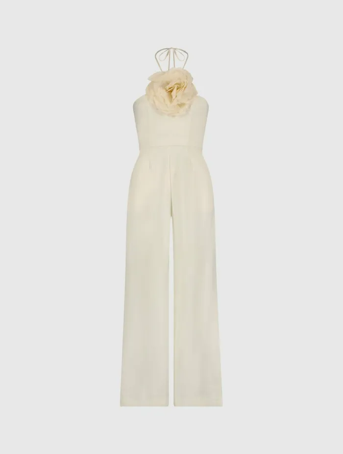 Crepe Halter Neck Jumpsuit With Flower Ivory Women Daytime Dresses Mac Duggal