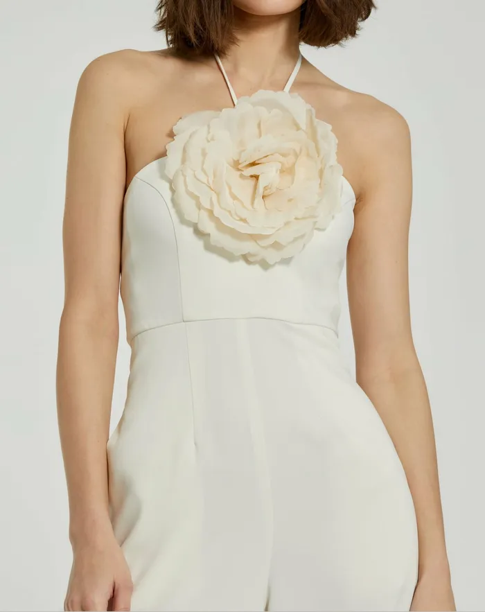 Crepe Halter Neck Jumpsuit With Flower Ivory Women Daytime Dresses Mac Duggal