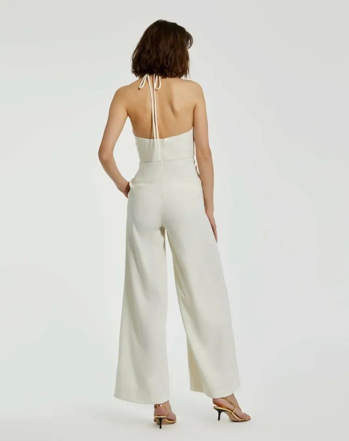 Crepe Halter Neck Jumpsuit With Flower Ivory Women Daytime Dresses Mac Duggal