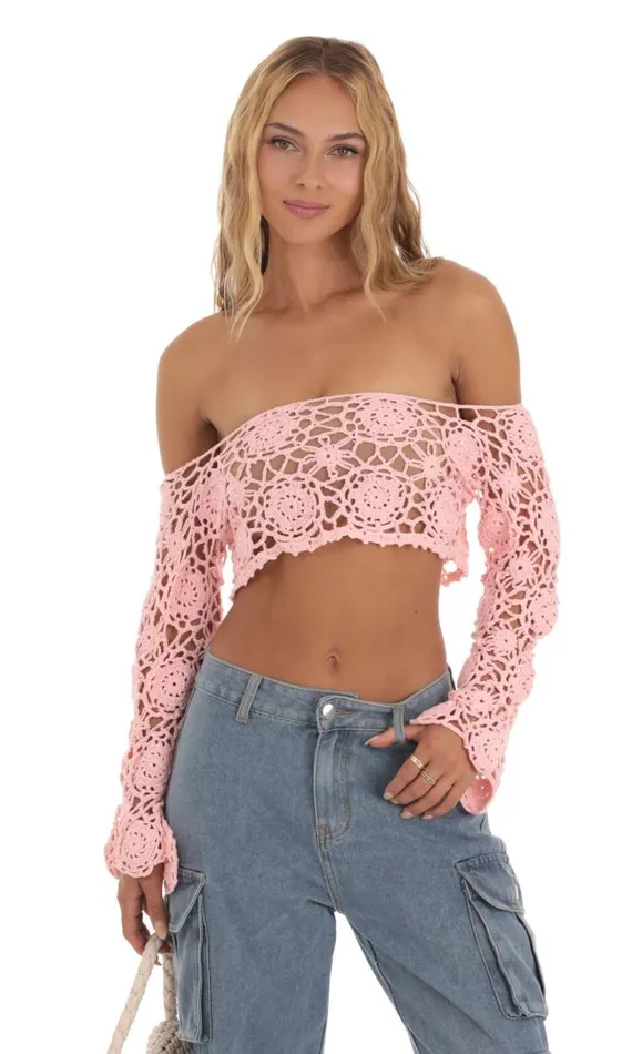 Crochet Off Shoulder Two Piece Bikini Set Pink Women LUCY IN THE SKY Tops