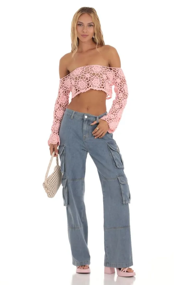 Crochet Off Shoulder Two Piece Bikini Set Pink Women LUCY IN THE SKY Tops Crochet Off Shoulder Two Piece Bikini Set Pink Women LUCY IN THE SKY Tops