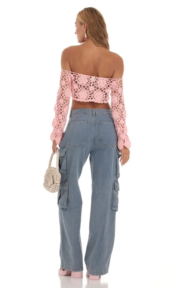 Crochet Off Shoulder Two Piece Bikini Set Pink Women LUCY IN THE SKY Tops Crochet Off Shoulder Two Piece Bikini Set Pink Women LUCY IN THE SKY Tops