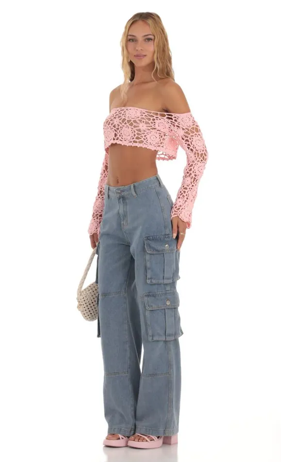 Crochet Off Shoulder Two Piece Bikini Set Pink Women LUCY IN THE SKY Tops Crochet Off Shoulder Two Piece Bikini Set Pink Women LUCY IN THE SKY Tops
