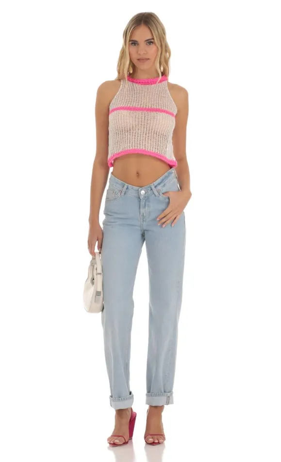 Crochet Pink Stripe Top White Women LUCY IN THE SKY Tops
