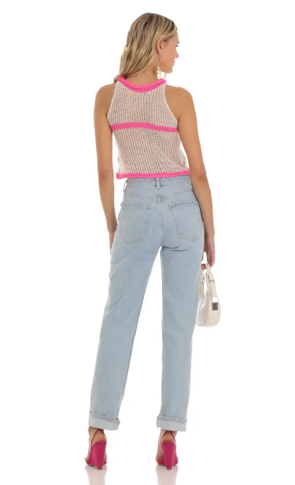 Crochet Pink Stripe Top White Women LUCY IN THE SKY Tops Crochet Pink Stripe Top White Women LUCY IN THE SKY Tops