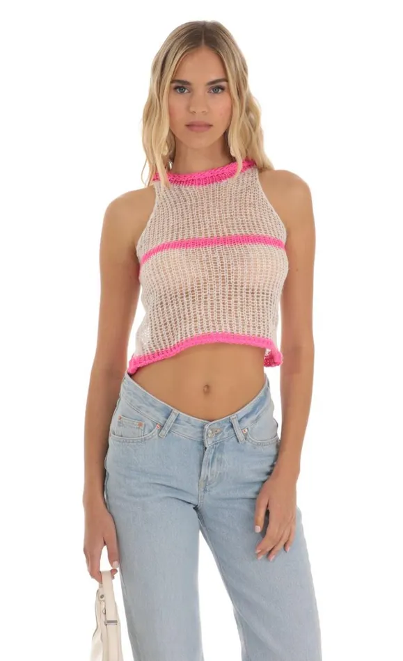 Crochet Pink Stripe Top White Women LUCY IN THE SKY Tops Crochet Pink Stripe Top White Women LUCY IN THE SKY Tops
