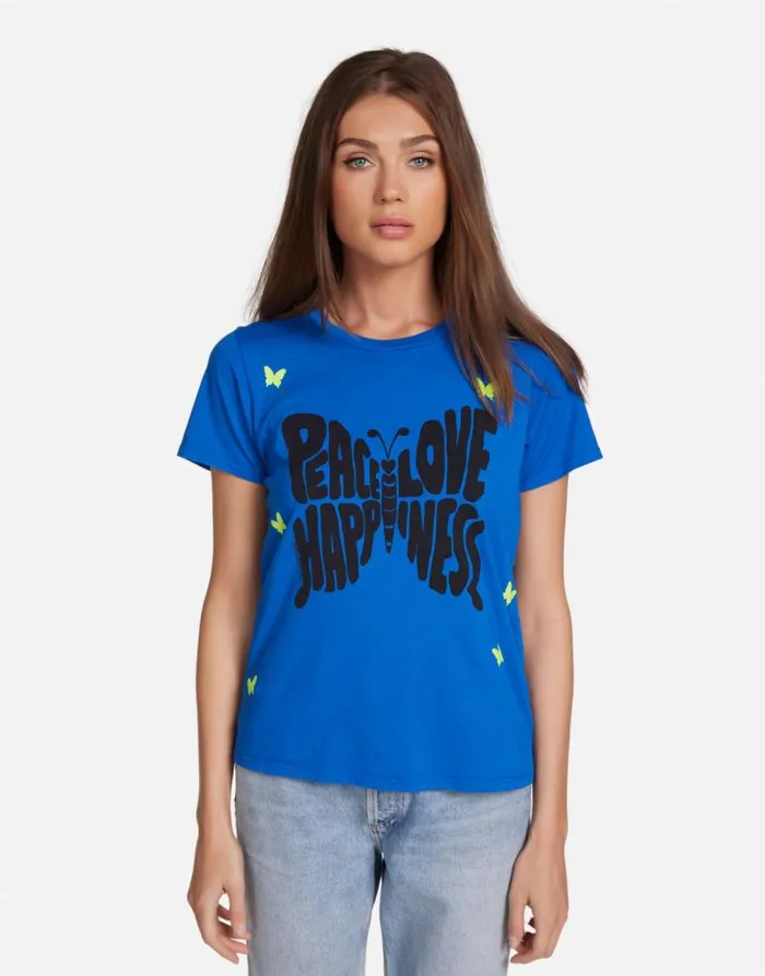 Croft Neon Peace Love Butterflies Vibrant Blue Women Lauren Moshi Short Sleeve