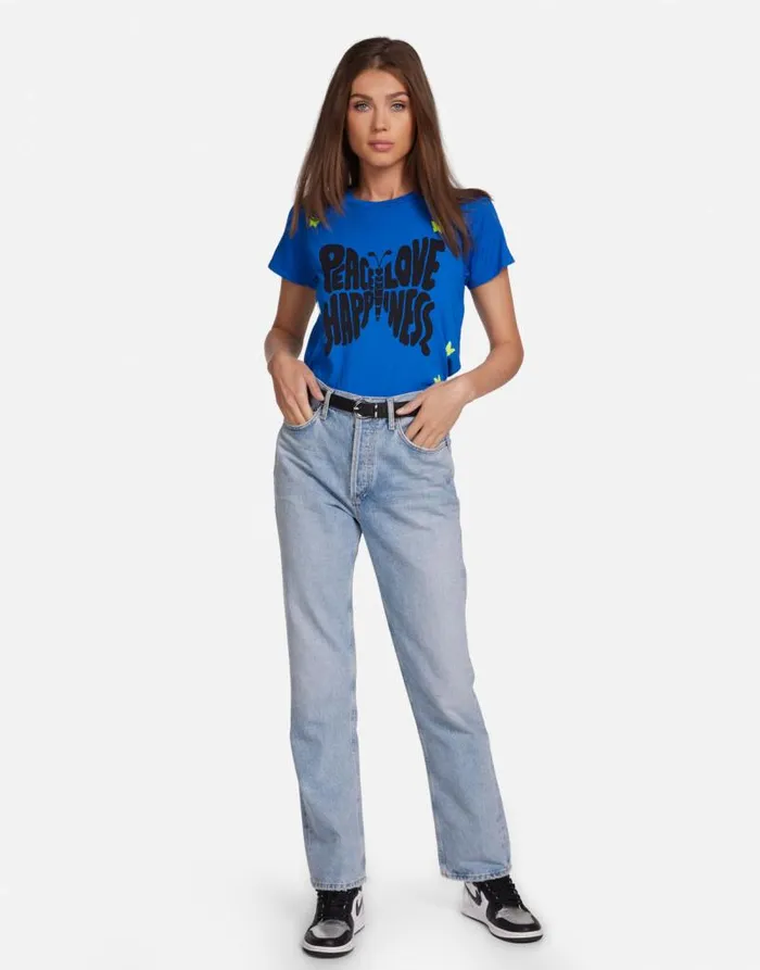 Croft Neon Peace Love Butterflies Vibrant Blue Women Lauren Moshi Short Sleeve