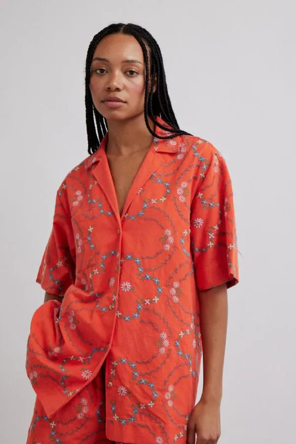 Damson Madder Coords Women Tablecloth Shirt 8211 Red Flower Embroidery