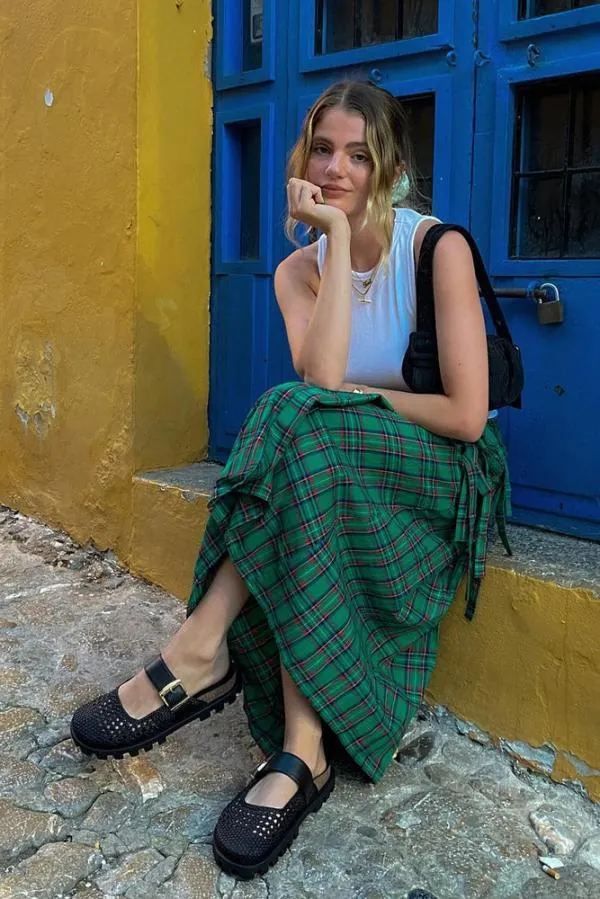 Damson Madder Skirts Women Kya Wrap Kilt 8211 Green Tartan