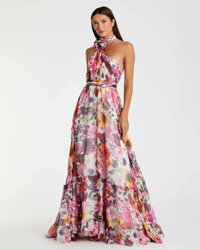 Daytime Dresses Mac Duggal Women Asymmetrical Ruffled Halter Floral Gown White Multi