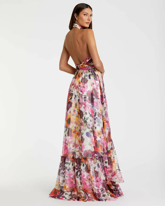 Daytime Dresses Mac Duggal Women Asymmetrical Ruffled Halter Floral Gown White Multi