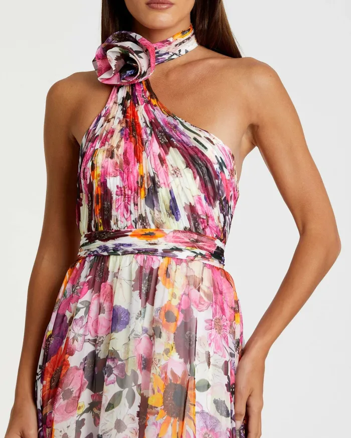 Daytime Dresses Mac Duggal Women Asymmetrical Ruffled Halter Floral Gown White Multi