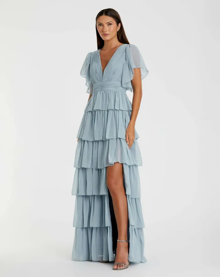 Daytime Dresses Mac Duggal Women Blue Flutter Sleeve Ruffle Tiered Gown Slate Blue
