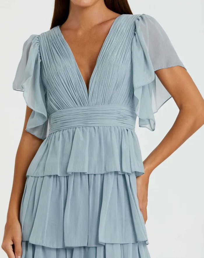 Daytime Dresses Mac Duggal Women Blue Flutter Sleeve Ruffle Tiered Gown Slate Blue Daytime Dresses Mac Duggal Women Blue Flutter Sleeve Ruffle Tiered Gown Slate Blue