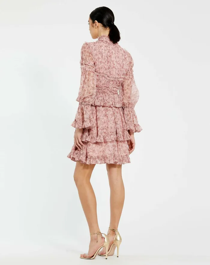 Daytime Dresses Women Mac Duggal Long Sleeve Open Front High Neck Ruffle Mini Dress Cinnamon