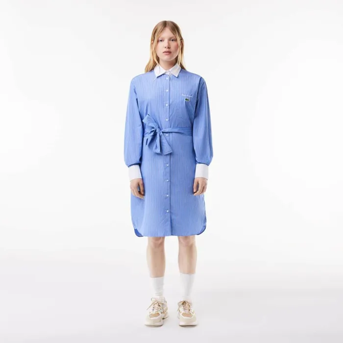 Dresses Women Lacoste Women039s Long Sleeved Striped Cotton Poplin Dress Blue White Iiy