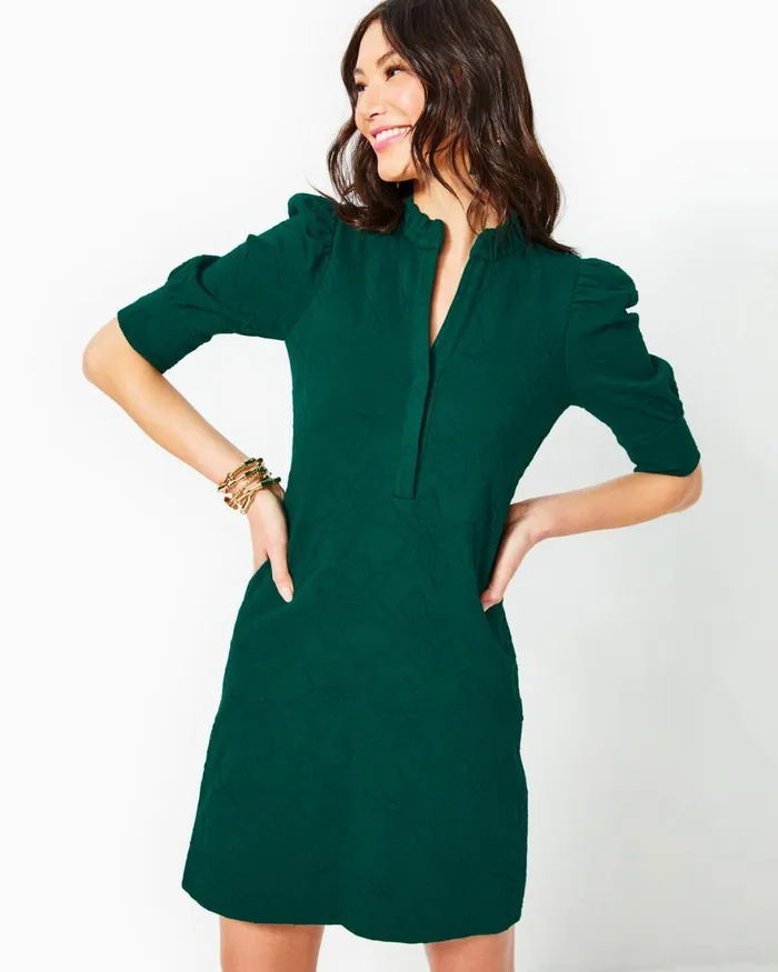 Dresses Women Lilly Pulitzer Elsey Popover Dress Evergreen Knit Pucker Jacquard Dresses Women Lilly Pulitzer Elsey Popover Dress Evergreen Knit Pucker Jacquard