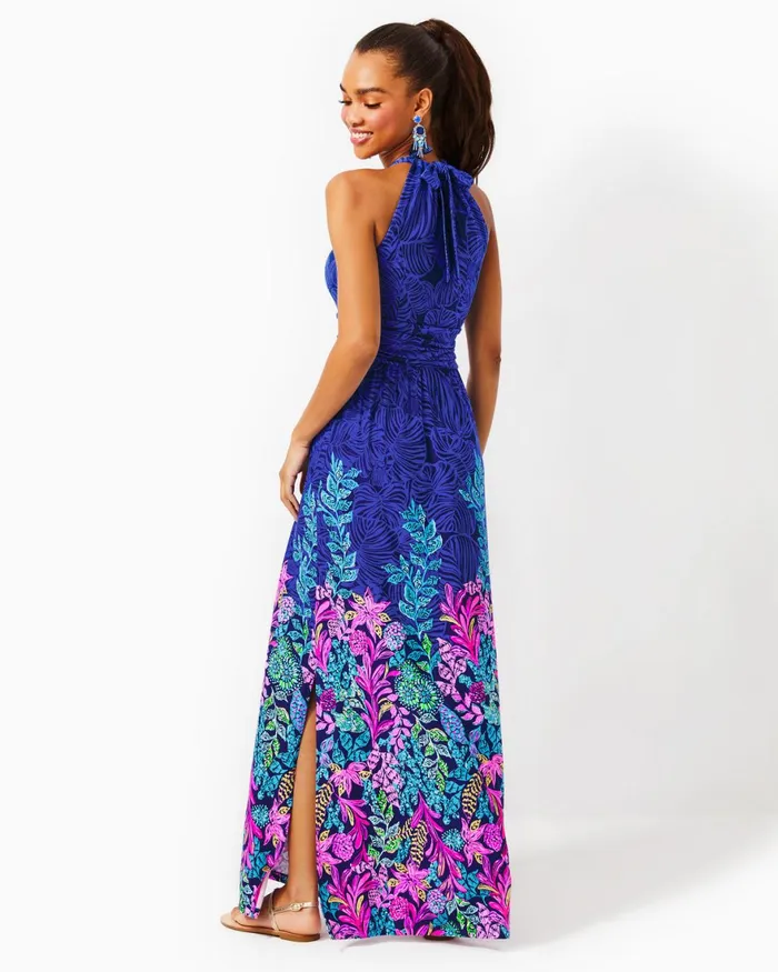 Dresses Women Lilly Pulitzer Orla Halter Maxi Dress Aegean Navy Calypso Coast Engineered Knit Dress