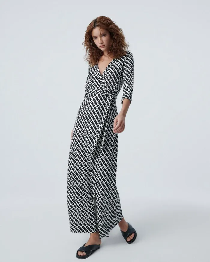 DVF Dresses Women Abigail Silk Jersey Maxi Wrap Dress Chain Link Medium Black