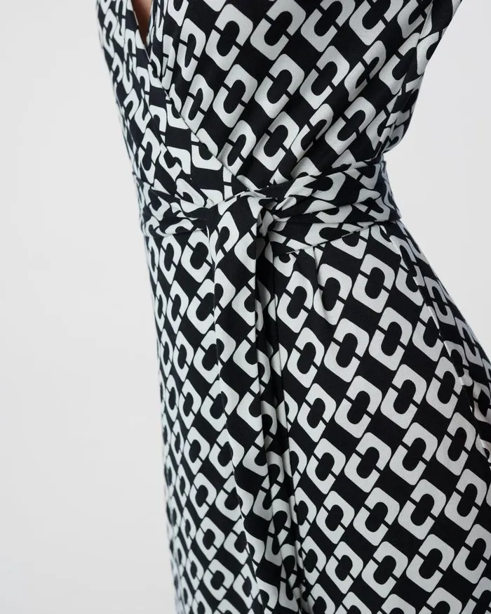 DVF Dresses Women Abigail Silk Jersey Maxi Wrap Dress Chain Link Medium Black