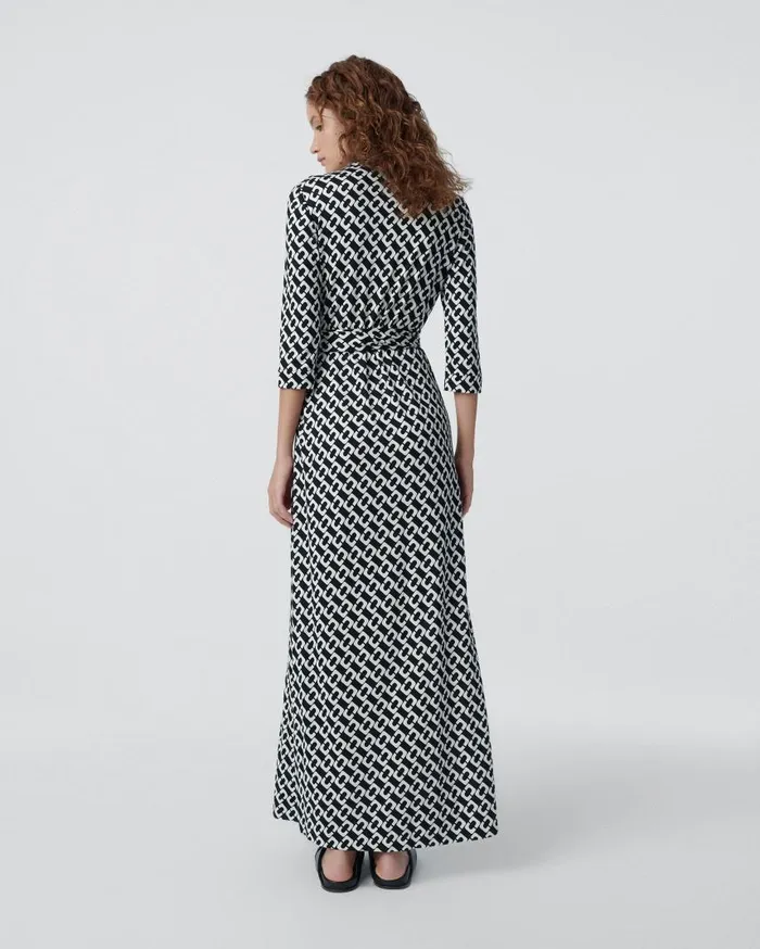 DVF Dresses Women Abigail Silk Jersey Maxi Wrap Dress Chain Link Medium Black