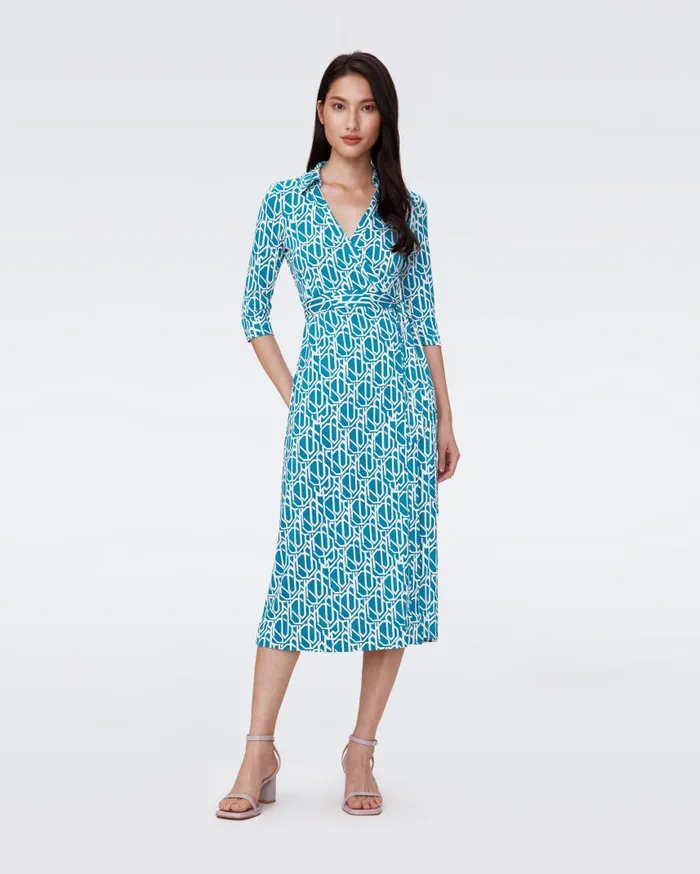 DVF Dresses Women Abigail Silk Jersey Midi Wrap Dress Infinite Geo Teal