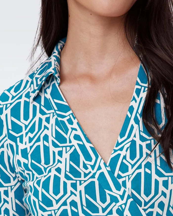 DVF Dresses Women Abigail Silk Jersey Midi Wrap Dress Infinite Geo Teal