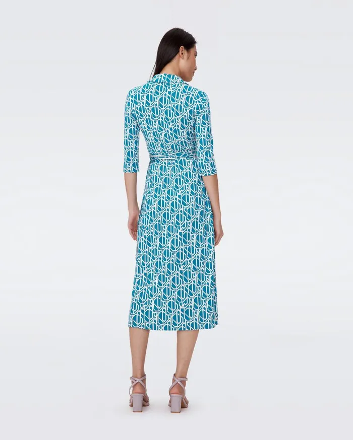 DVF Dresses Women Abigail Silk Jersey Midi Wrap Dress Infinite Geo Teal
