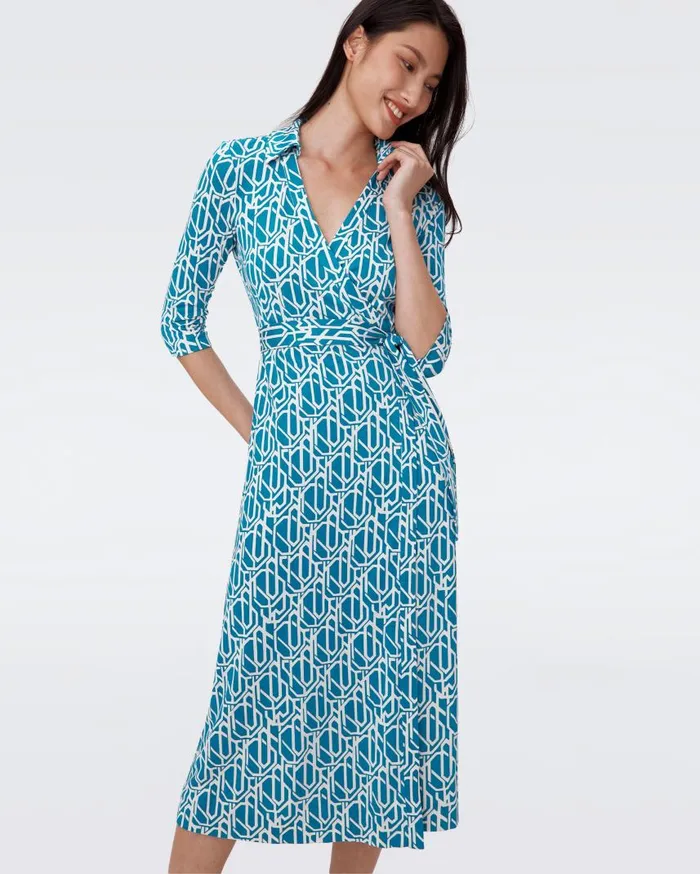DVF Dresses Women Abigail Silk Jersey Midi Wrap Dress Infinite Geo Teal