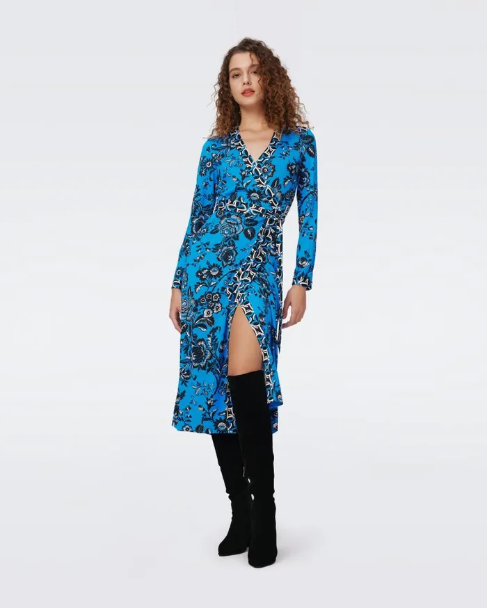 DVF Dresses Women Danica Silk Jersey Wrap Dress Night Vine Blue And Huge Gig Tile Blue