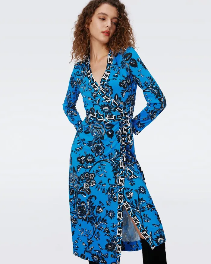 DVF Dresses Women Danica Silk Jersey Wrap Dress Night Vine Blue And Huge Gig Tile Blue