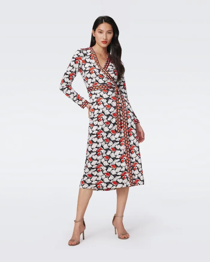 DVF Dresses Women Danica Silk Jersey Wrap Dress Vintage Gingko Red And Blocks Star Red Tawny
