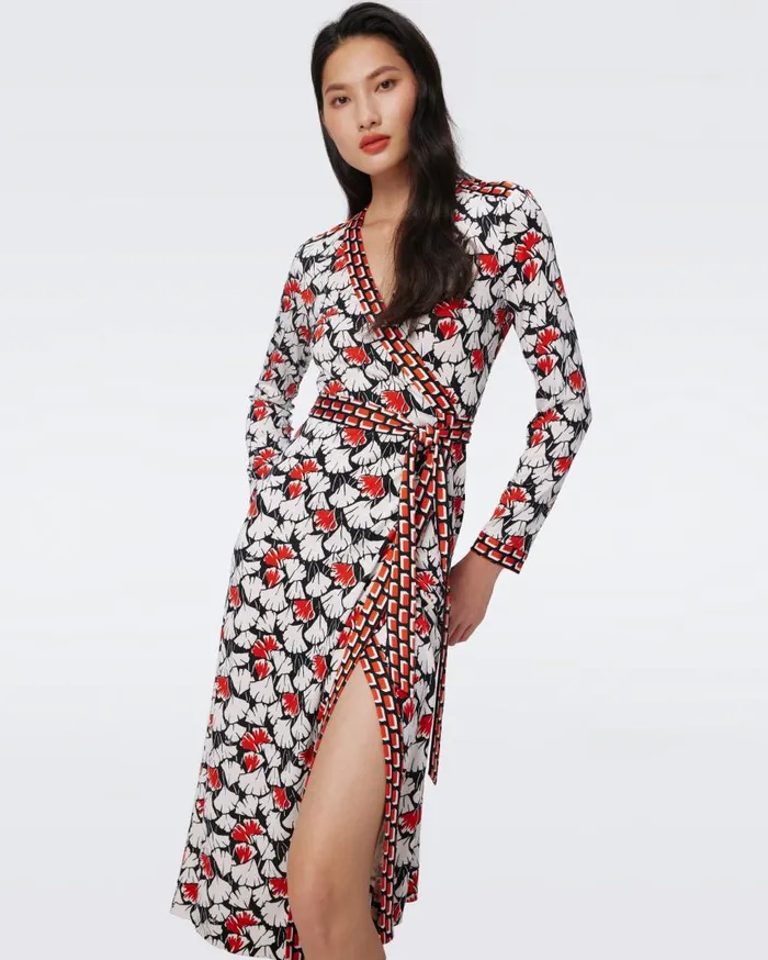 DVF Dresses Women Danica Silk Jersey Wrap Dress Vintage Gingko Red And Blocks Star Red Tawny