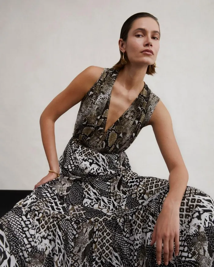 DVF Dresses Women Drew Reversible Mesh Dress Six Sister Camo And Python Brown