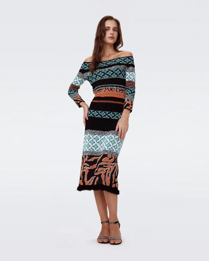 DVF Dresses Women Ellanor Knit Jacquard Dress Multicolor Retro Stripe